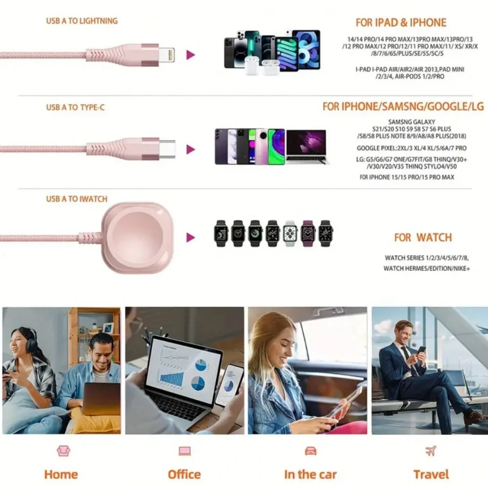 3-in-1 Multi Charging Cable for iPhone, Android, & Apple Watch